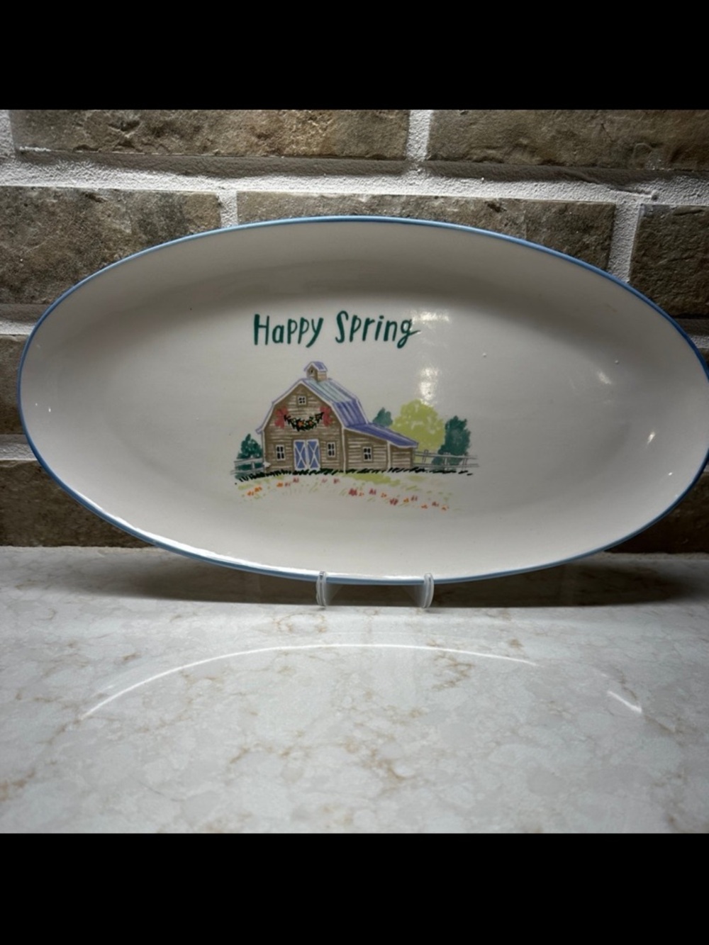 Magenta White Oval Serving Platter with Pastel Farmhouse Spring Motif
